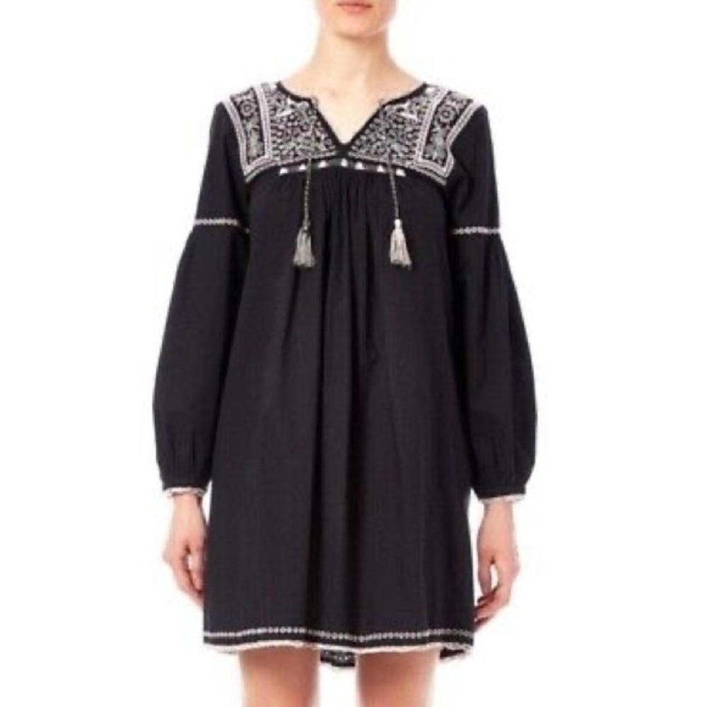 Ulla Johnson Mira Black Embroidered Long Sleeve V-Neck Cotton Mini Dress Size 4